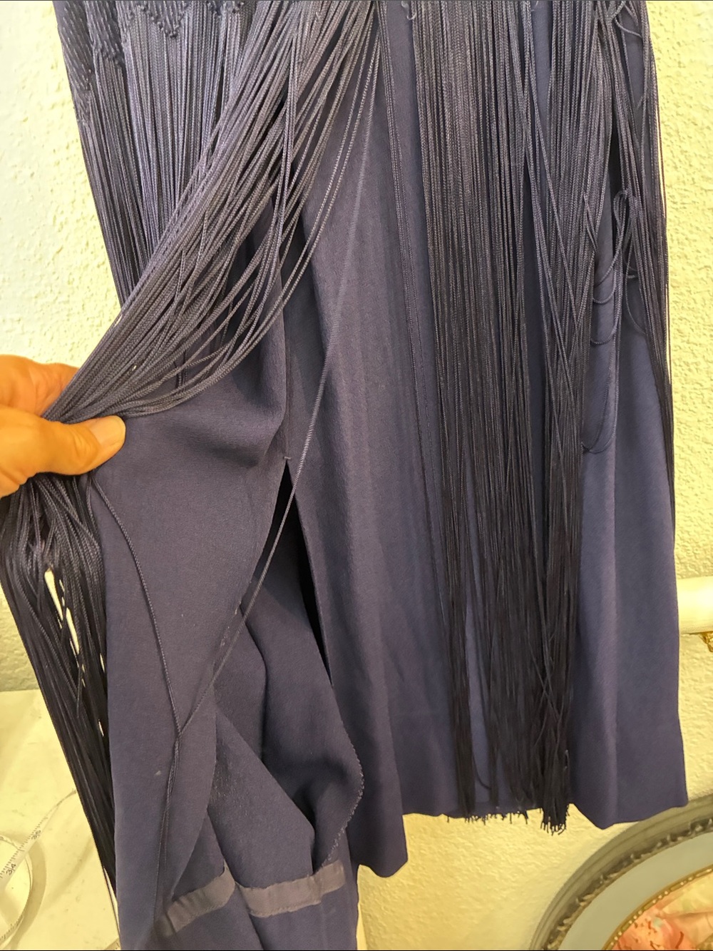 Vintage Crepe 1930's 1920's Navy Blue HEAVY FRINGE Midi Dress Secretary Small - Picture 7 of 7